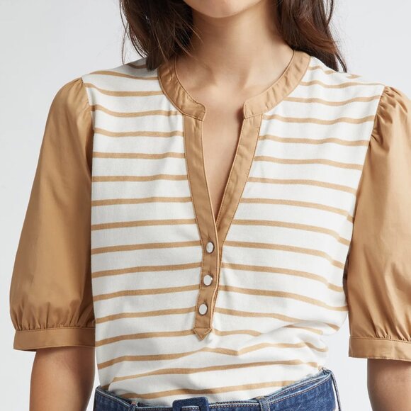 Veronica Beard Tan and White Striped Short Sleeve Top S - Picture 5 of 9